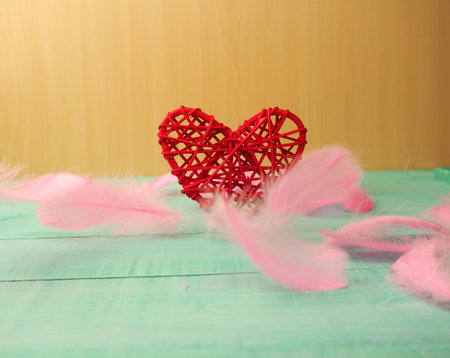 one red heart on a blue background and the background of pink feathers, lightness and romance for...