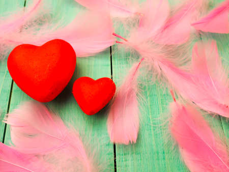 two red hearts on a blue background and the background of pink feathers, lightness and romance for Valentines dayの写真素材