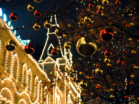 Festive illuminations in the streets of the city. Christmas in Moscow, Russia. Red Square.