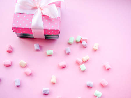 Pink and white marshmallow with pink dishes, Rose marshmallow Zephyr .の写真素材