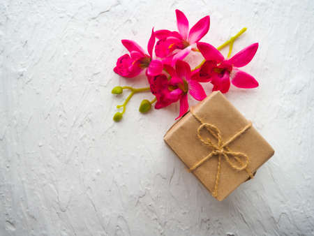 Cute decorated gift set gift with pink ribbon authentic on white background.の写真素材
