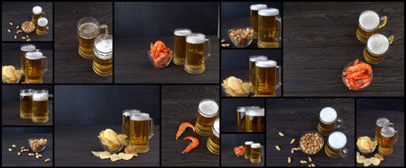 banner for website, Collage from photos of beer and snacks on the dark table, Food collage of beer