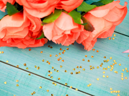 Roses on old wooden board, Valentines Day background, wedding day