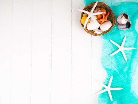 Seashells, sea stones, sea concept, vacation copy space flat layの写真素材