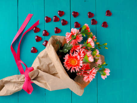 Concept of Valentine, decor for Valentine's day, heart, gifts and flowers. copy spaceの写真素材