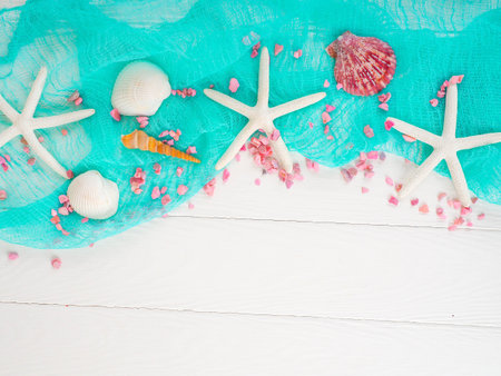 seashells, sea stones, sea concept, vacation, copy space, flat lay.