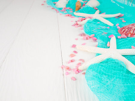seashells, sea stones, sea concept, vacation, copy space, flat lay.