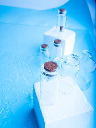 Few transparent bottles, water sprays. empty glass bottles.の写真素材