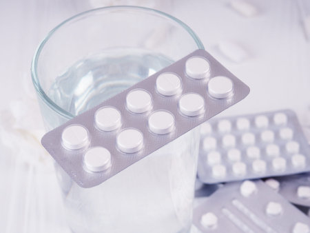Pills in plastic package. Concept of healthcare and medicine. Coronavirus 2019-nCoV, thermometer,...