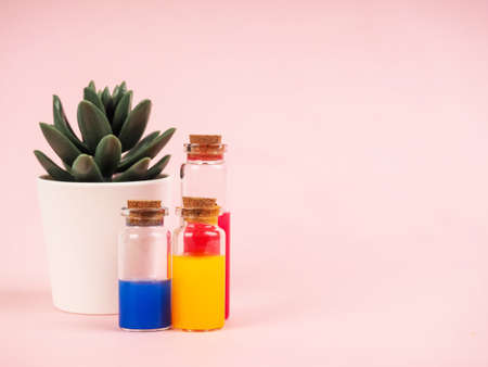 Flowers and plant extracts or perfume in small bottles on pink background. three small bubbles with red blue and yellow liquid, the concept of experiments and research. Space for textの写真素材
