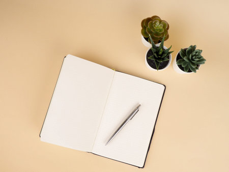 Workspace notebook, cactus plant on table. cactus and diary notebook book with pencil on beige.