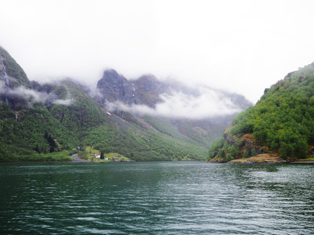 Norwegian Geiranger fjord with beautiful water. beautiful fjord landscape with high waterfalls to the Fjord in Norway. beautiful Scandinavian landscape, travel to Norway.の写真素材