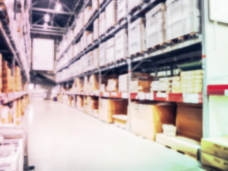 Blur warehouse background, Blurred store factory, industry warehouse space and hardware box for...