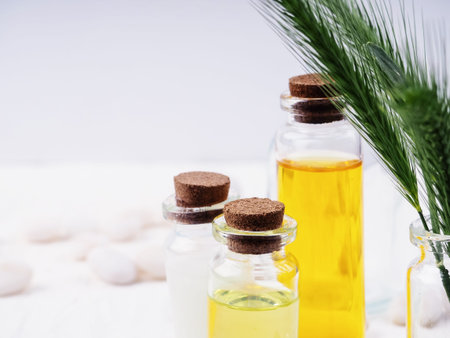 Homemade skincare cosmetic. essential oil, experiment and research with leaf, oil and ingredient...