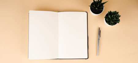 banner Blank notebook with pen and white pot of cactus on wood table.の写真素材