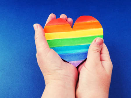 Rainbow Heart, lgbt rights concept, hand holds a heart painted like a LGBT flag, silhouetted against sun.の写真素材