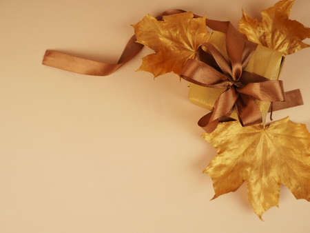 Autumn still life with group gift box. Golden maple leaves and gift with ribbon, space for design and text.の写真素材