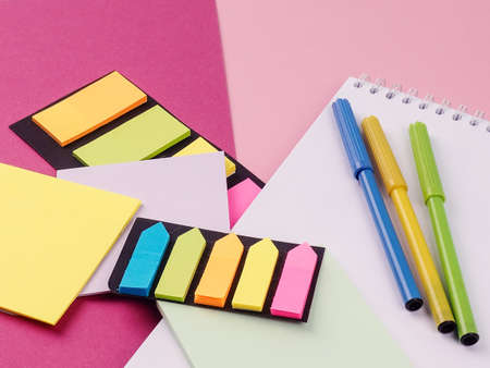 Office Table With Empty Notebook, paper stickers, Office tools. Education concept. Copy spaceの写真素材