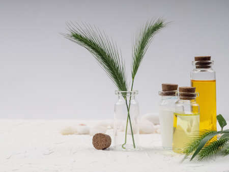 Homemade skincare cosmetic. essential oil, experiment and research with leaf, oil and ingredient extract for natural beauty and organic cosmetic skincare product.の写真素材