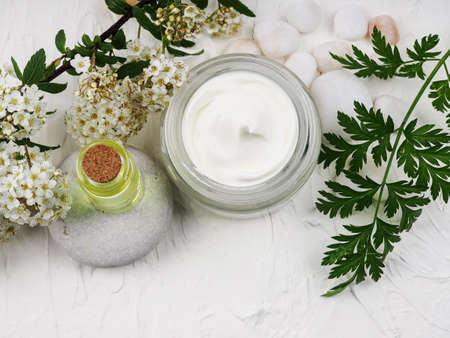 Closeup shot of organic oil and cream. green cosmetic arrangement, Fresh herbal skincare cosmetics. Essential oil, craft bottle, flowers, jar facial cream. Natural beauty care remedyの写真素材