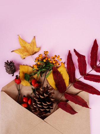 Autumn composition. Envelope with dried flowers and leaves on pastel pink background. Autumn, fall...