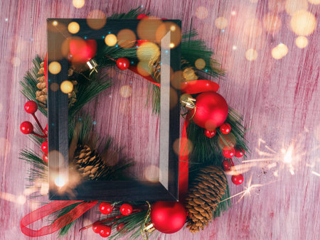 black wooden design frame and Christmas wreath next to it, new year concept on wooden old...