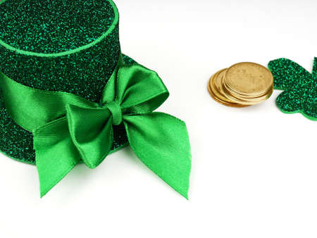 green clovers or shamrocks, Green hat isolated on white background. St. Patricks Day Holiday concept. Spring background.の写真素材