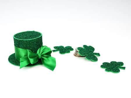 green clovers or shamrocks, Green hat isolated on white background. St. Patricks Day Holiday concept. Spring background.の写真素材