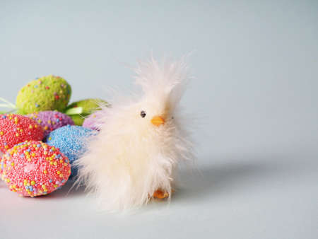 Small white chicken next to colored eggs for Easter.の写真素材