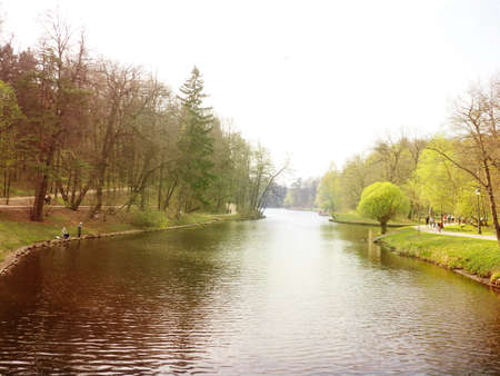 Spring landscape, view of the river and the forestの写真素材