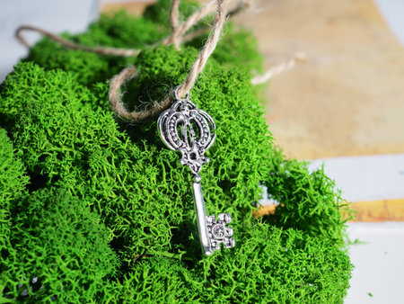 One old key lies on the moss on the background of an old map, the key to treasure, travel and...