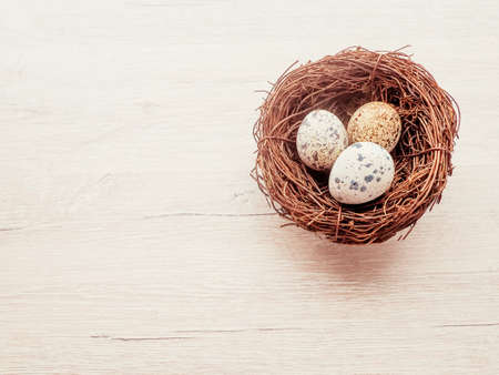 Quail eggs in a nest of branches lying on a wooden background, a postcard for Easter.の写真素材