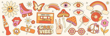 Retro groovy hippie 70s set. Sticker collection in trendy retro psychedelic cartoon style. Mushroom, flower, eye, rainbow, butterfly, good vibesのイラスト素材