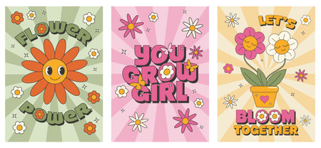 Groovy 70s set. Y2k groovy spring poster set. Funny cartoon flower, daisy, plantのイラスト素材