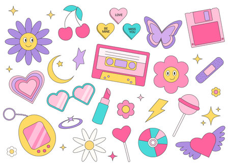 Trendy y2k set in line art style, great design for any purpose. Retro 90s, 00s aesthetic collection. Y2k aesthetic.のイラスト素材