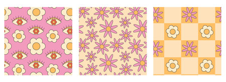 Retro groovy hippie seamless pattern set. Seamless abstract geometric pattern. Abstract floral background.のイラスト素材