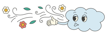 Groovy 70s spring, summer sticker. Y2k groovy cute cloud character blowing windのイラスト素材