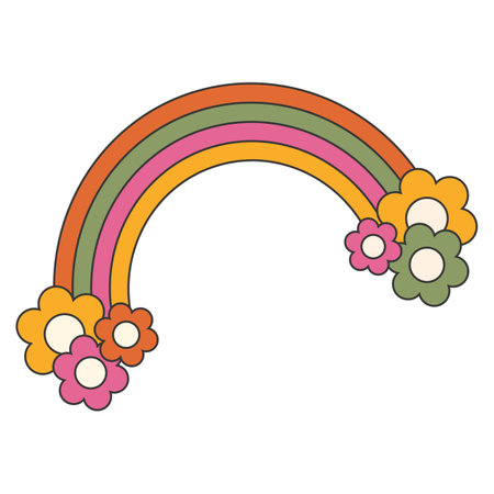 Groovy 70s sticker rainbow. Y2k groovy cartoon style. 70s-80s retro vibes.のイラスト素材