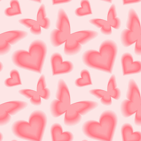 Seamless pattern with y2k blurred gradient butterflies and hearts. Pastel color background.のイラスト素材