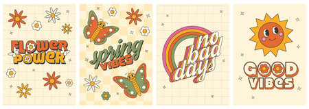 Groovy 70s set. Y2k groovy spring poster set. Funny cartoon flower, daisy, sun, butteflyのイラスト素材