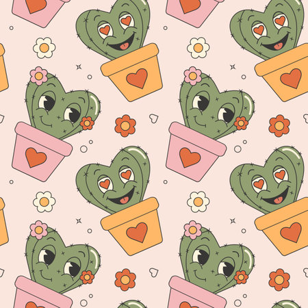 Seamless pattern in trendy retro groovy style. With cute cactus and flowersのイラスト素材