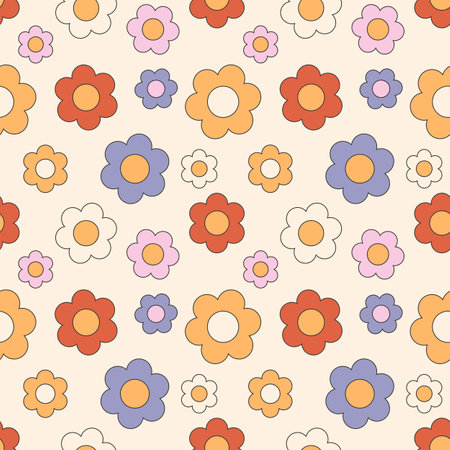 Trendy groovy floral daisy pattern. 70s 60s aesthetics. Vintage vector.のイラスト素材