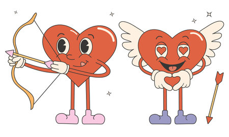 Trendy comic groovy heart stickers. Cute and funny characters. Cupid, angel. Retro 70s 60s aesthetics.のイラスト素材