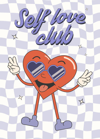 Retro groovy self love greeting card, banner, poster, invitation.のイラスト素材