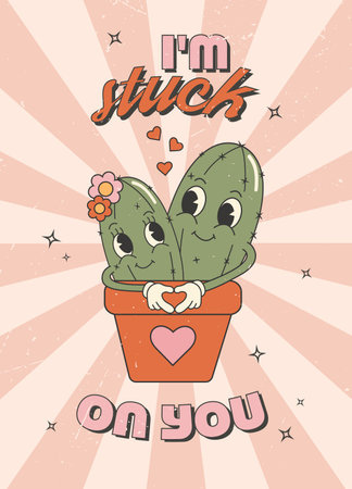 Retro groovy love greeting card, banner, poster, invitation, background. Cute cactusのイラスト素材