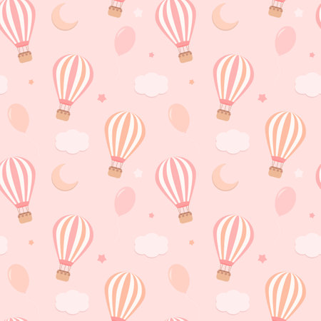 Pastel seamless pattern with hot air balloons and cloudsのイラスト素材