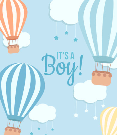 It's a boy baby shower card with a hot air balloons and clouds with a stars on the blue backgroundのイラスト素材