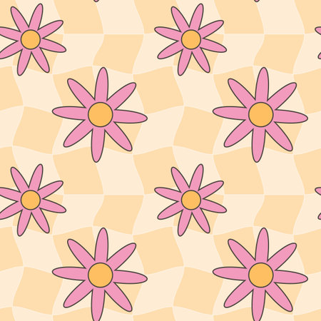 Retro groovy hippie seamless pattern. Seamless abstract geometric pattern. Floral background.のイラスト素材