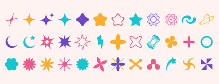 Set of brutalist abstract geometric shapes, bauhaus memphis geometric elements. Trendy minimalist basic figures, stars, lines, flowers, circlesのイラスト素材