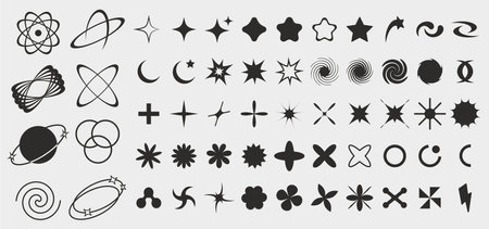 Set of brutalist abstract geometric shapes, bauhaus memphis geometric elements. Trendy minimalist basic figures, stars, lines, flowers, circles in black and white colors.のイラスト素材